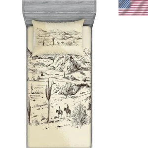 Western Themed Twin XL Fitted Sheet & Pillow Sham Set - Wild West Illustrations - Picture 1 of 4