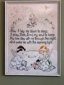 1961 Now I Lay Me Down To Sleep Childs Prayer Framed Needlepoint Artist Lanehart - Picture 1 of 5