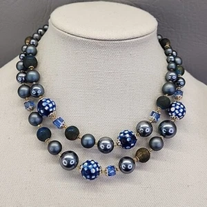 Beaded Necklace Vtg Teal Blue Round Acrylic Layered Graduated Japan 16" - Picture 1 of 15