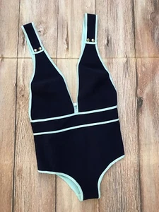 Chloe Navy Teal Contrast Trim One Piece V-neck Swimsuit Size M NEW - Picture 1 of 9