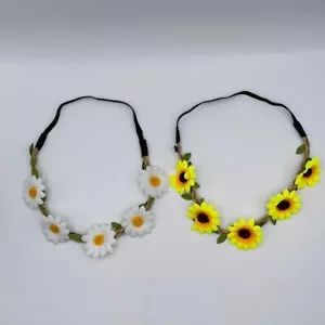 Blumen Stirnbänder 2er Set Hippie Haar Floral Gummizug weiß gelb Frühling Ostern - Bild 1 von 8