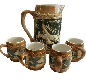 1920s Drink Set: Pitcher +4 mugs Sitzendorf Historismus style with hunt scenes - Picture 1 of 6