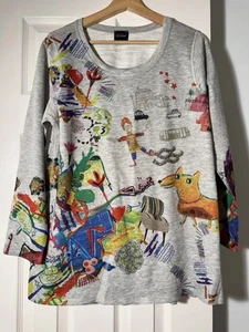 Inoah Art To Wear Colorful Childs Drawing 3/4 Sleeve Tunic Top Sz L All Over - Picture 1 of 8