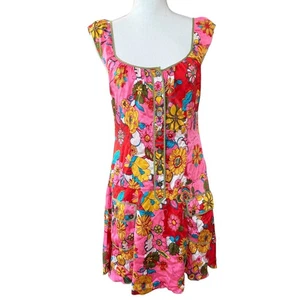 Mini Vestido Free People Estampado Floral Sin Mangas Botón Frontal Retro Mod Fiesta S - Imagen 1 de 11