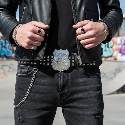 Uomo Metallo Argento Cintura Fibbia Ca Stato California 10 Freeway Bling Western - Immagine 1 di 4