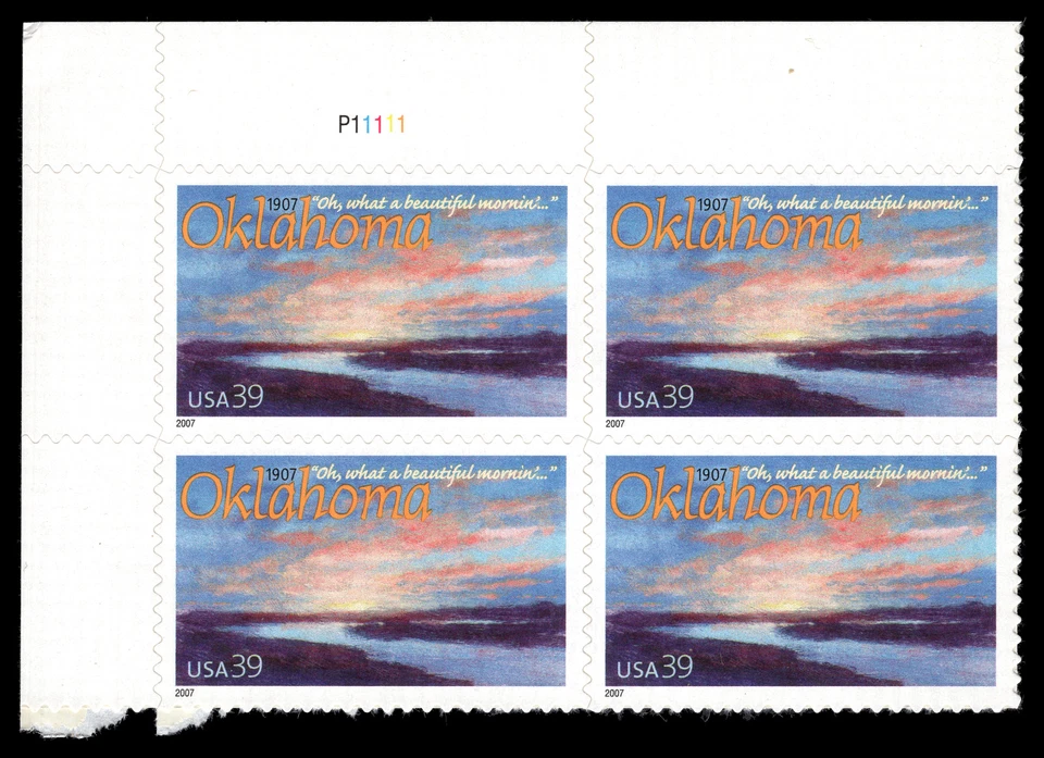 US Scott # 4121, Oklahoma Statehood 100th, Plate Block of 4 2007 39¢ Stamps, MNH - Image 1 of 1