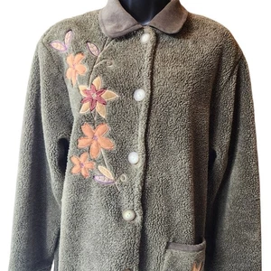 Teddi Floral Embroidered Sherpa Fleece Jacket Women Large Cozy Fall Cottagecore - Picture 1 of 15