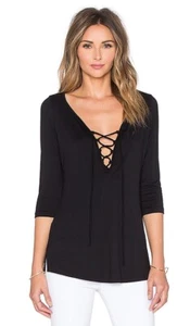 Amour Vert Sz XS Black Bristol Lace Up 3/4 Sleeve Modal Top - Picture 1 of 12