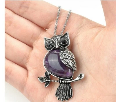Collana donna ciondolo gufo ametista GARANZIA pietra naturale argento 925 NUOVA - Immagine 1 di 3