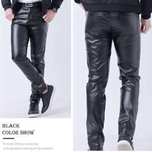 Men's Moto Skinny Elastic Faux Leather Pants Thin PU Leather Trousers Streetwear