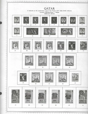 Qatar 19 different Stamps (+0), 11 double sided Minkus pages, up to 1973 Cover
