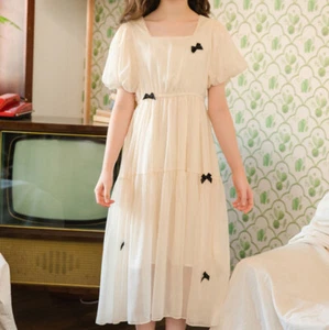 Kids Girl Long Dress Puff Sleeve Swing Chiffon Bow Elastic Waist Princess Dress - Picture 1 of 14