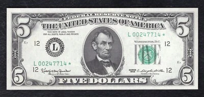 FR. 1967-L* 1963 $5 *STAR* FRN FEDERAL RESERVE NOTE SAN FRANCISCO, CA GEM UNC - Image 1 of 2