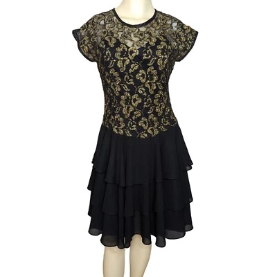 Vintage 80’s Late Edition Black w/ Sheer Gold Floral Sheer Ruffle Dress Size 10 - Image 1 of 4