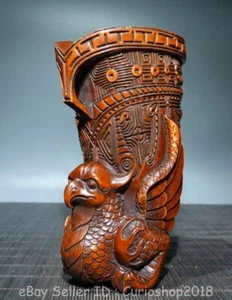 5.2" Old Chinese Boxwood Wood Carved Eagle Head  Wine vessel Cup Pen container - Picture 1 of 9