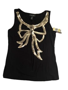 Style & Co Size Petite Medium Ebony Black Top Sleeveless Gold Sequin Front - Picture 1 of 6