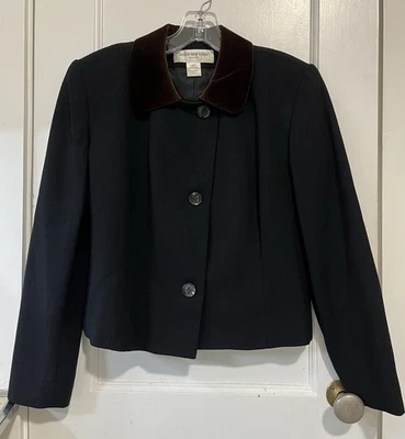 Chaqueta de lana negra Jones New York Petite, talla 6 con cuello de terciopelo marrón Foto 1 de 4