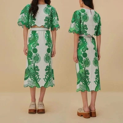 Nuevo Con Etiquetas Farm Rio Lino Color Verde Festival Midi Falda y Blusa Conjunto Talla XL Foto 1 de 4