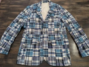 Vintage Polo Ralph Lauren Blue Madras Patchwork Blazer Suit Jacket Plaid Size M - Picture 1 of 11