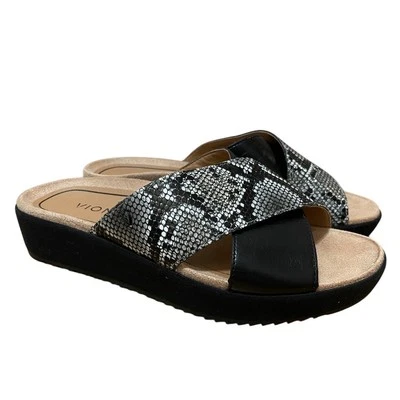 Vionic Women's 7 Wide Hayden Black Snake Skin Leather Criss Cross Slide Sandal - Image 1 of 4