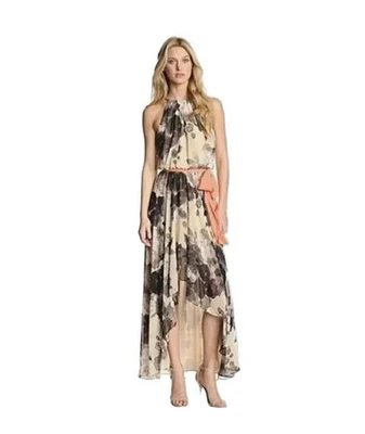 Maxi Vestido Eliza J Floral Hi Lo Estampado de Gasa Halter Talla 8 Crema Negro Gris Foto 1 de 4