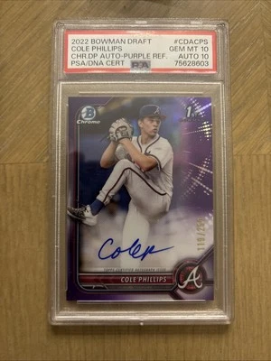 2022 Bowman Chrome 1st #/250 Cole Phillips Auto PSA 10/10 Mariners RC ROOKIE - Image 1 of 2