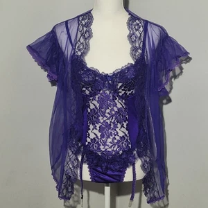 Lencería vintage Teddie, funda de encaje transparente conjunto de 3 medias moradas medianas para mujer - Imagen 1 de 17