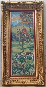 English Equestrian Needlepoint Hunting Scene Gilted Frame  12x 24 Read DESCRIP - Picture 1 of 24