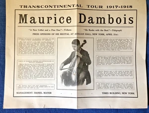 MAURICE DAMBOIS Belgian Cellist Promotional Broadside Transcontinental Tour 1917 - Picture 1 of 3