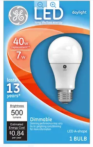 GE 40W Equivalent (Uses 7W) Daylight A19 LED LightBulb Dimmable - Picture 1 of 4
