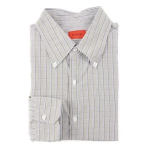 Isaia Slim-Fit Olive Green and Lavender Check Cotton Dress Shirt 17 x 36/37 - Picture 1 of 5
