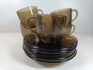 Vintage 5 Glass Cups And Saucers Coffee Tinted Vereco France - Picture 1 of 20