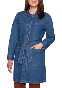 NEW RUBY RD BLUE DENIM LONG BELTED COTTON TRENCH COAT JACKET SIZE 10 - Picture 1 of 3