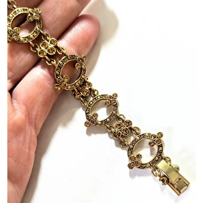 Vintage MONET Antique Style Gold Tone Topaz Crystal Link Bracelet 7.5" - Image 1 of 4