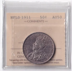 Newfoundland NFLD 1911 50c Fifty Cent Silver Coin King George V ICCS AU-50 .925 - Picture 1 of 2