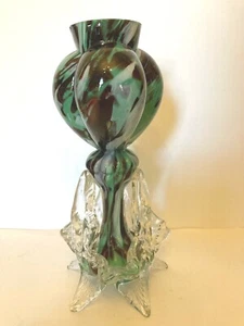 Antique Victorian Cornucopia Epergne Bulbous Green Heart & Leaves Vase Art Glass - Picture 1 of 8