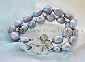 2 Rows Natural Black Baroque Freshwater Pearl Bracelet 7.5'' Shell Flower Clasp - Picture 1 of 8
