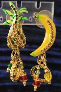 Vtg Lunch at The Ritz Fruit Cocktail Earrings Dangle Tropical Pineapple Bananas - Picture 1 of 6