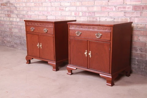 Baker Furniture Georgian Carved Mahogany Nightstands, Newly Refinished Cover