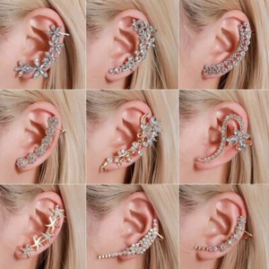 Women Gold Silver Zircon Leaf Ear Cuff Clip Non Piercing Wrap Earring Jewellery - Picture 1 of 22
