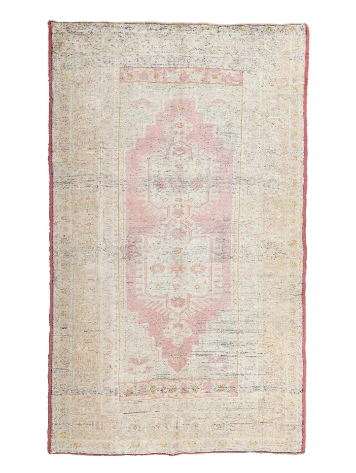 Alfombra turca Oushak, 5 x 8,5 pies, alfombra de dormitorio marfil rubor, decoración romántica de lana Foto 1 de 4