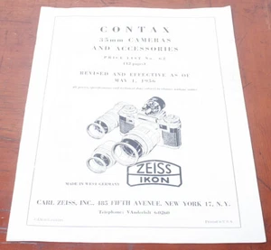 LISTA DE PRECIOS ZEISS CONTAX, MAYO 1956/161061 - Imagen 1 de 1