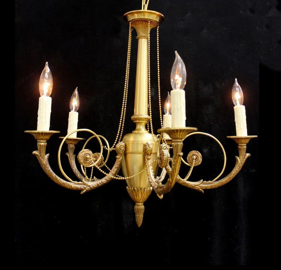 ELEGANT! Vintage ITALY, 23" x 24"  BRONZE, 5 Light CHANDELIER, Beaded Accents - Image 1 of 1