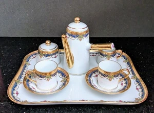Limoges France "LEGLE" Porcelaine d'Art Coffee Set of 6 pcs: 9oz Pot, 2oz Cup - Picture 1 of 13