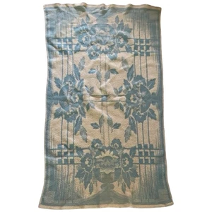 Vintage 1940s Wool Floral Lily Pad Print Blue & Cream Blanket Reversible 38x62 - Picture 1 of 6