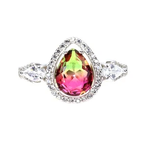 925 Sterling Silver Ring Synthetic Tourmaline Watermelon Gemstone Jewelry Size 8 - Picture 1 of 14