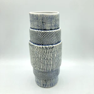 Artisan De Luxe Ceramic Vase Indigo Blue Tiered Textured Stripes Lines 8 3/4" H - Picture 1 of 12