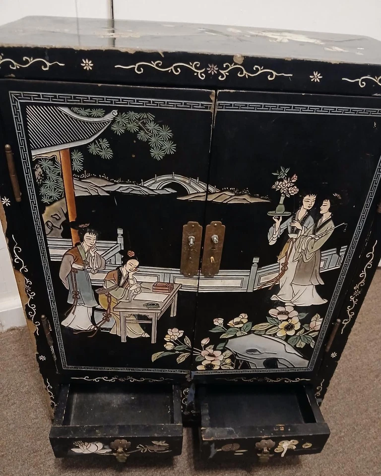 1 китайский текстурированный черный сундук с ручной росписью азиатские детали 2 двери - Изображение 1 из 4