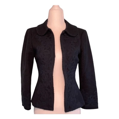 Blazer Nanette Lepore Encaje Bordado Tweed Azul Marino Adorno Ajustado 0 Foto 1 de 4