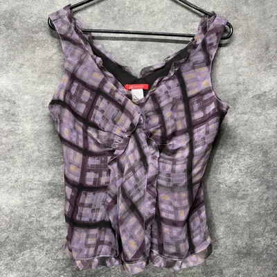 Camiseta sin mangas Babydoll 100 % seda Y2K Anne Klein para mujer 6 púrpura a cuadros volantes preppy Foto 1 de 4